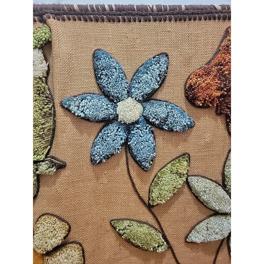 VINTAGE LARGE BOHO WALL HANGING LATCH HOOK OWL BUTTERFLY FLOWERS 70'S 39